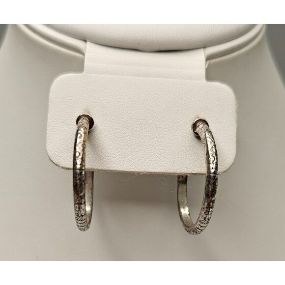 925 Silver 1" Textured Open Hoop Earrings - Picture 1 of 7